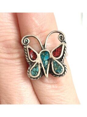 Turquoise & Coral Gemstone Butterfly Sterling Silver 925 Vintage Ring - sz 3